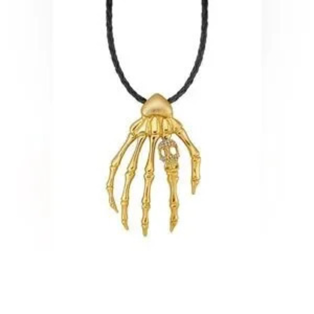 Gold Skeleton Hand Pendant with Black Leather Cord Necklace